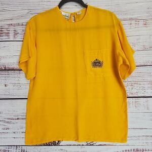 Vintage Oleg Cassini Silk Blouse Collection Shirt Beaded Logo Emblem Size 6